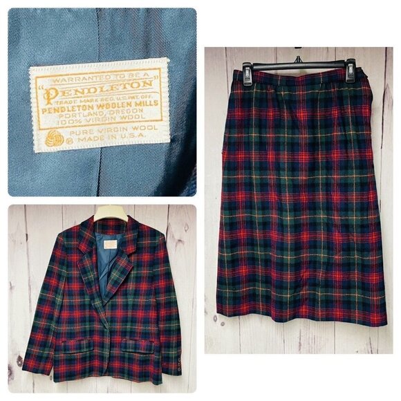 Vintage Pendleton Womens Size 10 Suit Jacket Skirt Plaid Red Navy - Picture 1 of 8